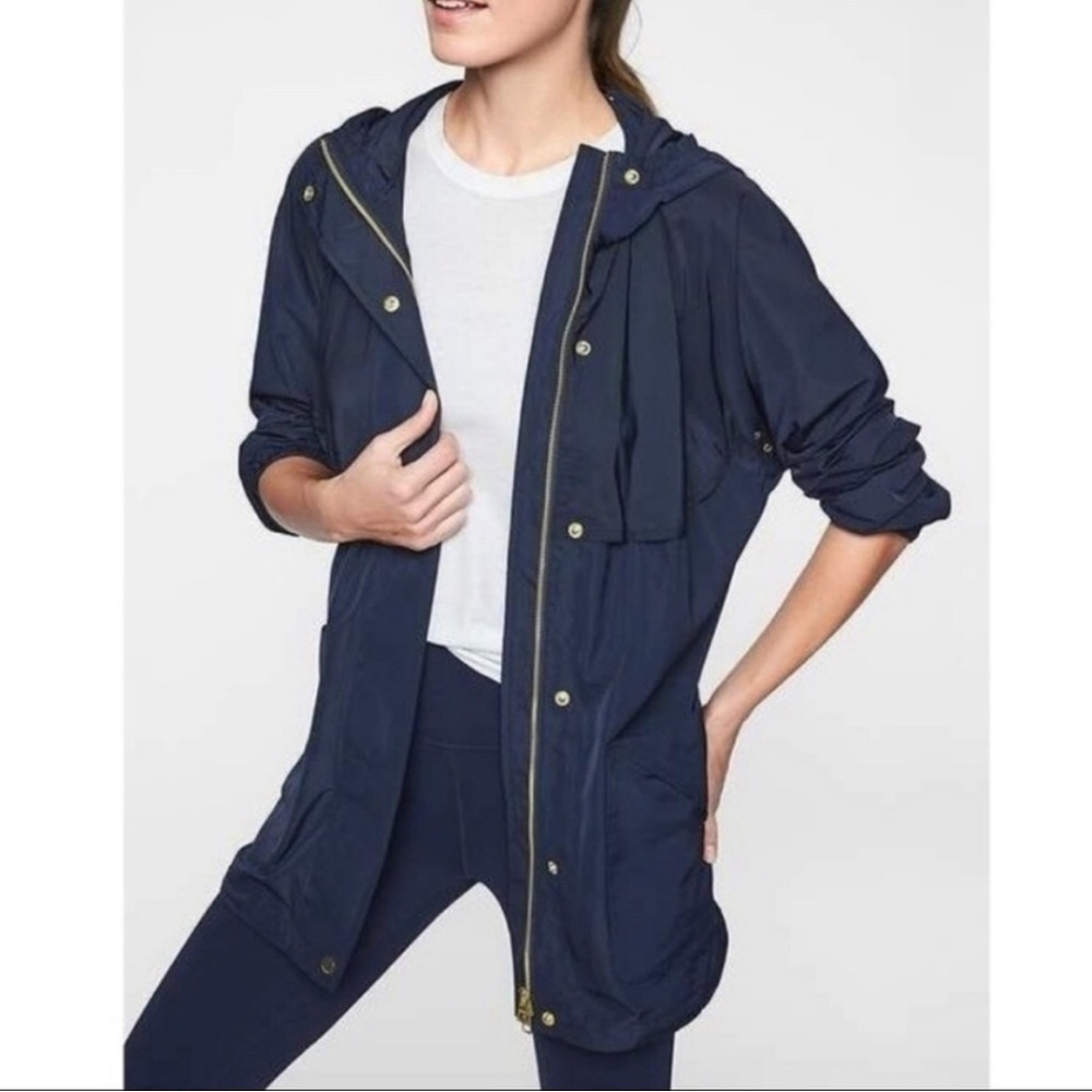 Athleta Navy Rainfall Women's Rain Jacket with Gold Accents, XXS/XS